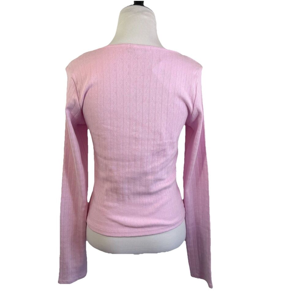RSQ Long-Sleeve Shirt L Pink Pointelle Bow Coquette Cottagecore Cute BalletCore - Picture 5 of 14
